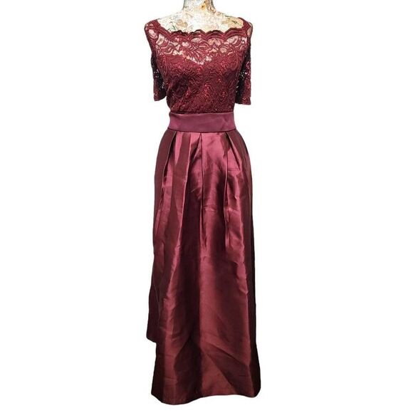 Candalite Formal Burgundy Sheer Lace Sequin Satin Skirt Long Gown Maxi Dress - Picture 10 of 10